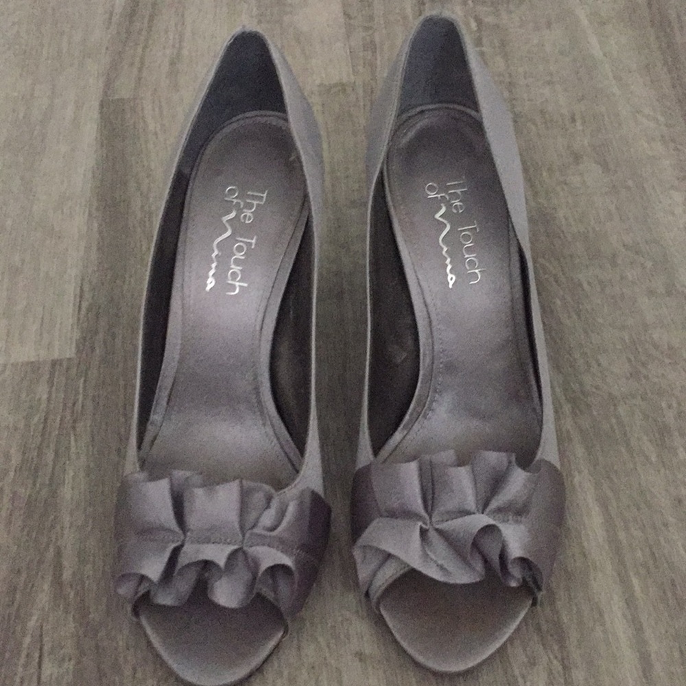 Silver peep toe heels